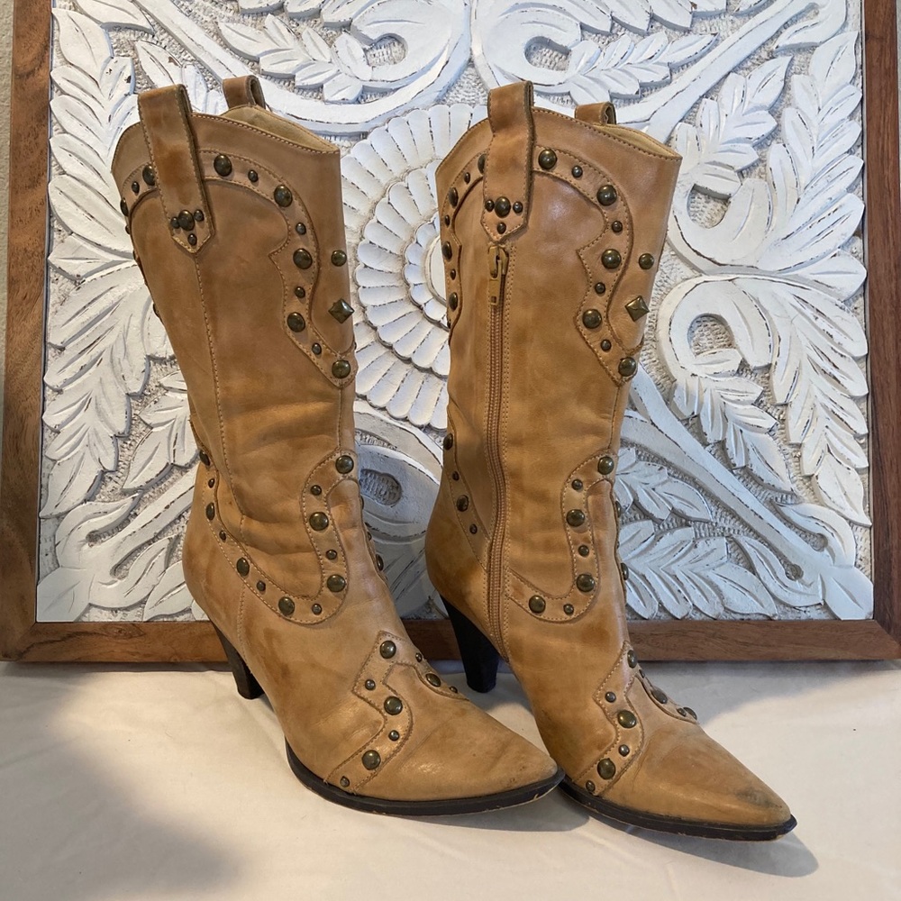 Nine West tan, studded heel boots